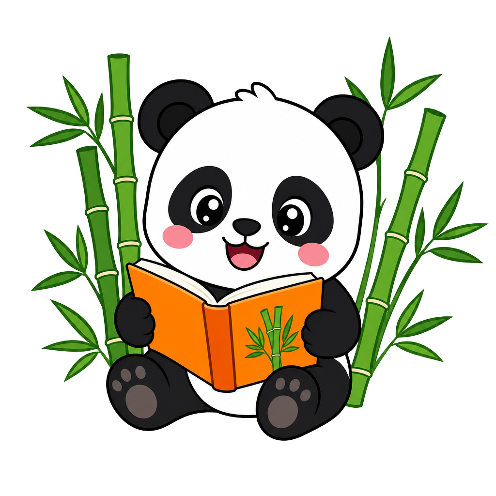 Cute cartoon baby panda sitting and reading a book among bamboo stalks
