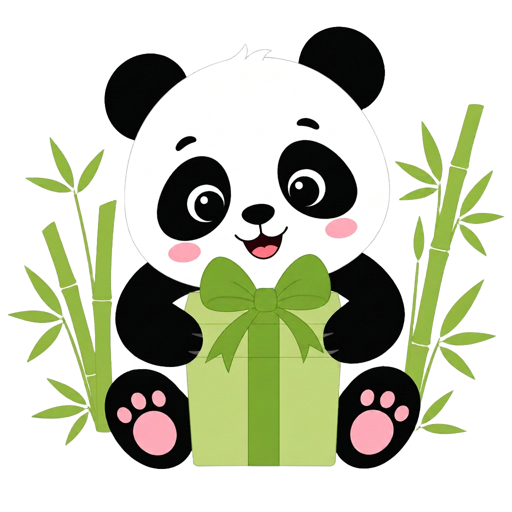 Cute cartoon baby panda hugging a wrapped gift box among bamboo stalks