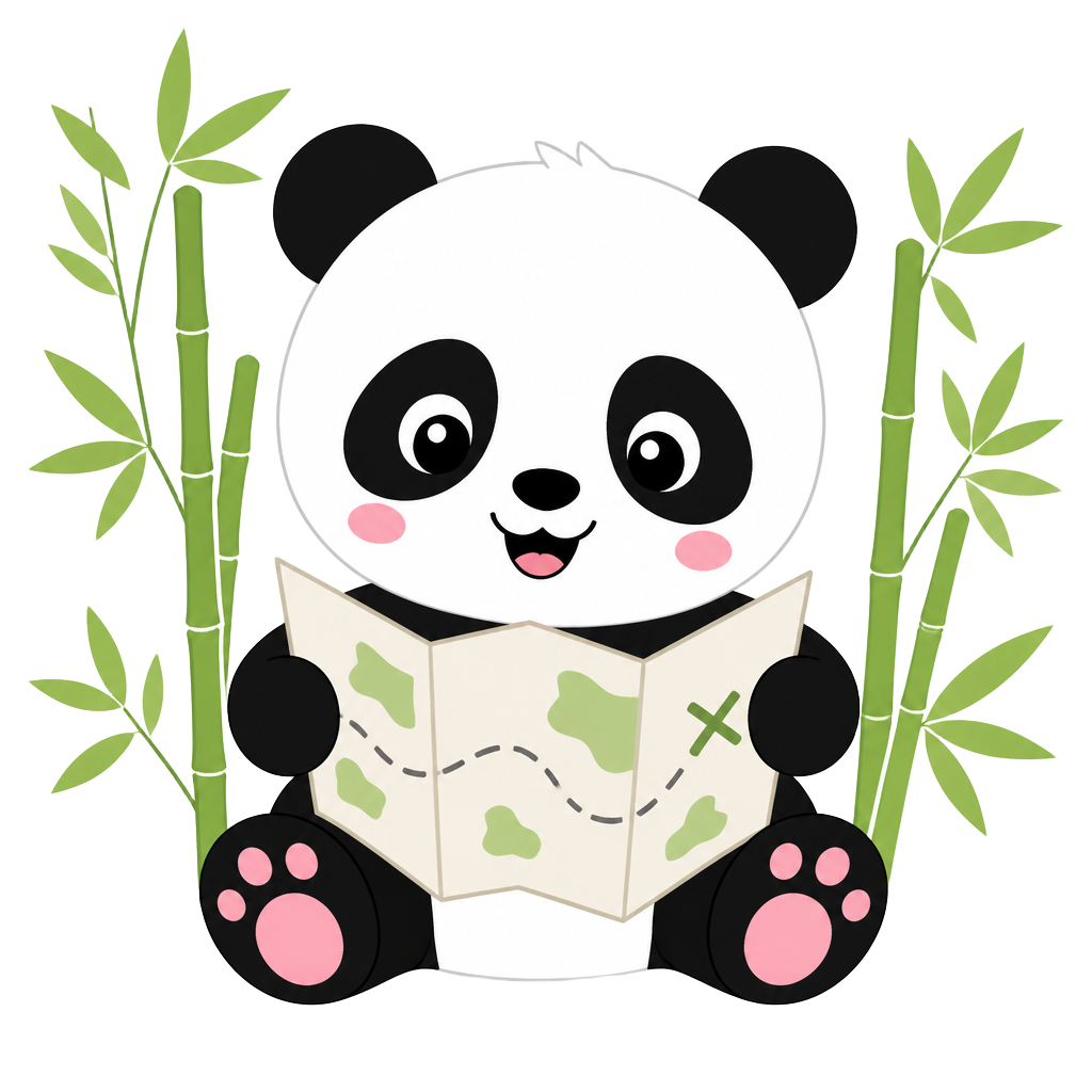 Cute cartoon baby panda reading a paper map among bamboo stalks